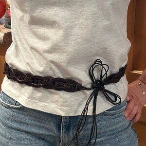 Braided Brown Leather Belt with fringe string ties.
